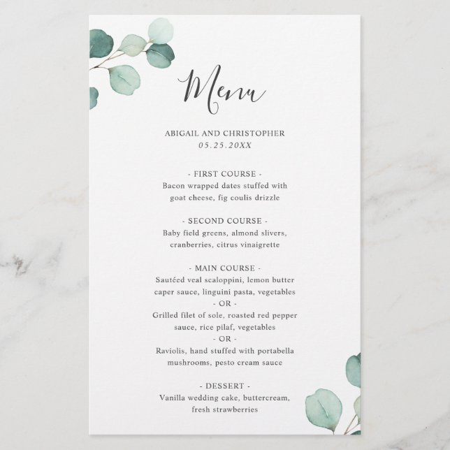 Einfaches elegantes Eukalyptus Rustic Wedding Menu (Vorderseite)