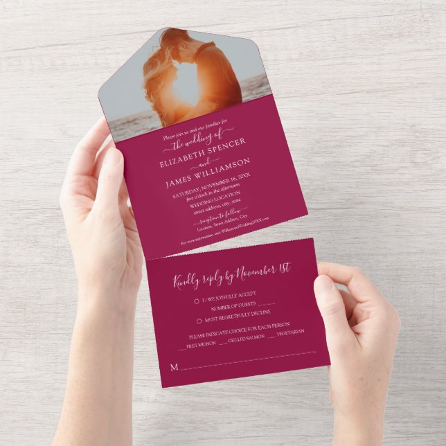 Einfaches elegantes Foto Hochzeit RSVP Cranberry All In One Einladung (Abreißen)