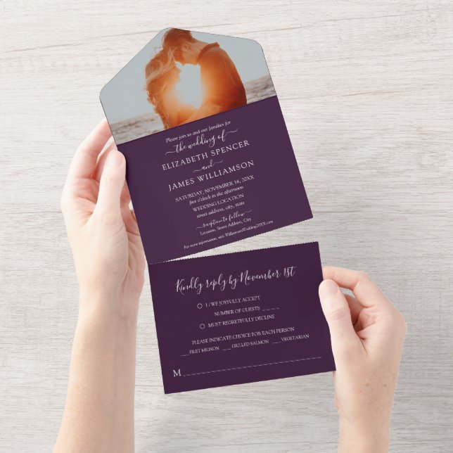 Einfaches elegantes Foto Hochzeit RSVP Lila All In One Einladung (Abreißen)