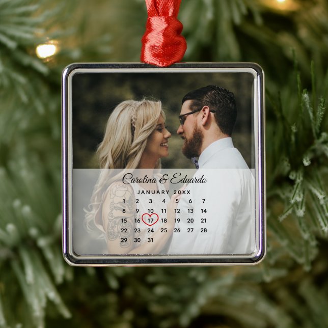 Einfaches elegantes Foto Hochzeitskalender Ornament Aus Metall (Baum)
