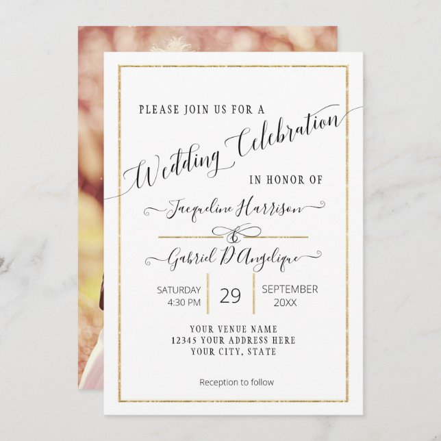 Einfaches elegantes Gold-Minimal-Script-Wedding-Fo Einladung (Vorne/Hinten)