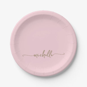 Einfaches Elegantes Gold Monogramm Schrift Blush R Pappteller