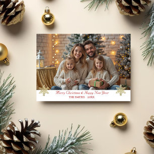 Einfaches elegantes Gold Snowflakes/Foto Feiertagskarte