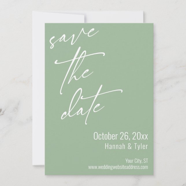 Einfaches Elegantes Handschrift-Skript Salbeigrün Save The Date (Vorderseite)