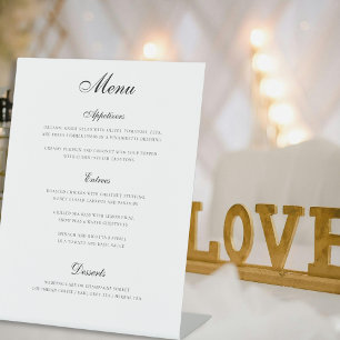 Einfaches elegantes Menü mit drei Kursen Hochzeit Sockelschild