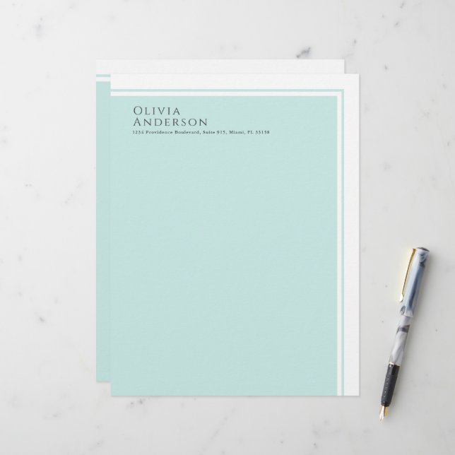 Einfaches elegantes Minimalistisches Aqua-Farbbloc Briefbogen (Vorderseite/Rückseite Beispiel)