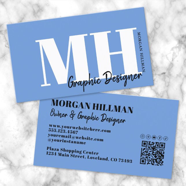 Einfaches elegantes Minimalistisches Monogramm Visitenkarte (Simple Elegant Blue Minimalist Monogram Business Card)
