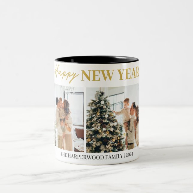 Einfaches Elegantes Modernes Happy Neujahr Zwei Fo Zweifarbige Tasse (Mittel)