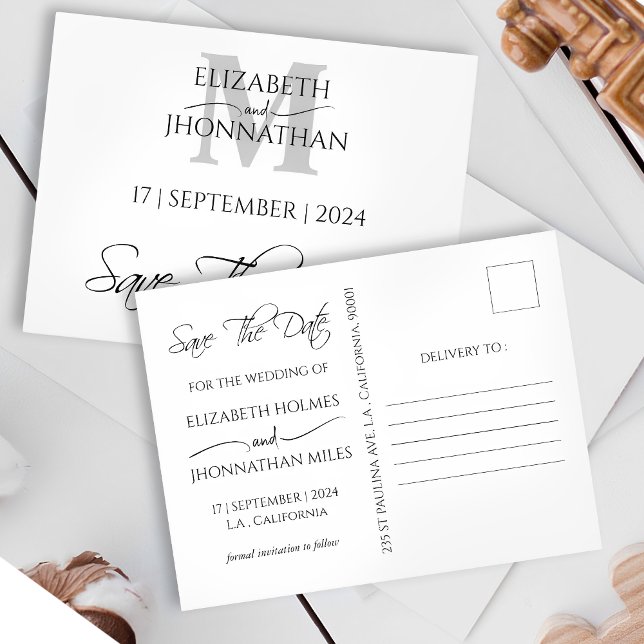 Einfaches elegantes Monogramm Save the Date Ankündigungspostkarte (Von Creator hochgeladen)