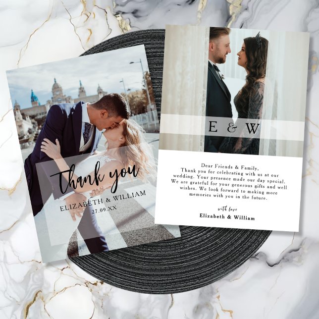 Einfaches elegantes Overlay 2 Foto Hochzeit Dankeskarte (Simple Elegant white overlay 2 Photo Wedding Thank You Card)