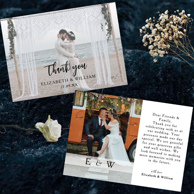 Einfaches elegantes Overlay 2 Foto Hochzeit Dankeskarte (Simple Elegant white overlay 2 Photo Wedding Thank You Card)