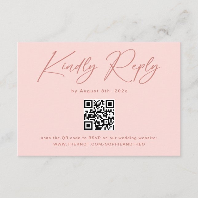 Einfaches elegantes Rosa QR Code Hochzeit RSVP Begleitkarte (Vorderseite)