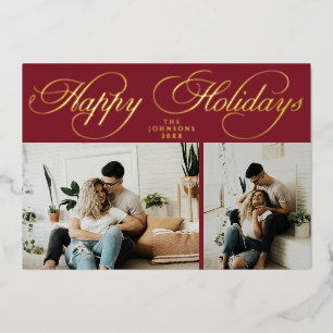 Einfaches Elegantes Rotes Familienfoto-Collage Wei Folien Feiertagskarte