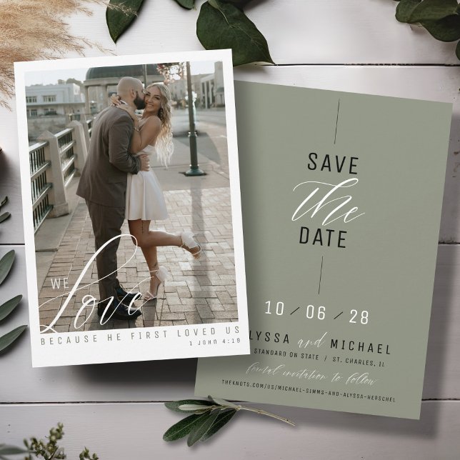 Einfaches elegantes Sage Green Foto Christliche Ho Save The Date (Love scripture elegant photo simple sage green black white modern Christian wedding save the date)