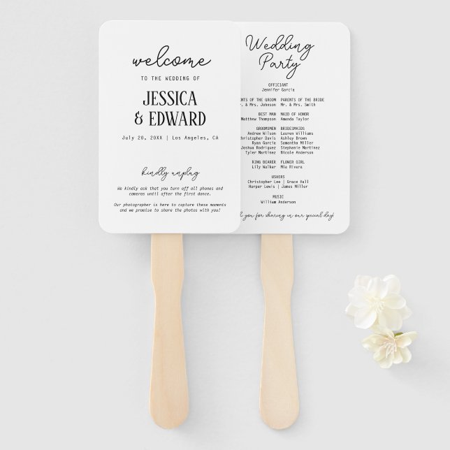 Einfaches elegantes Schwarz-weißes Hochzeitsprogra Fächer (Vorne und Hinten)