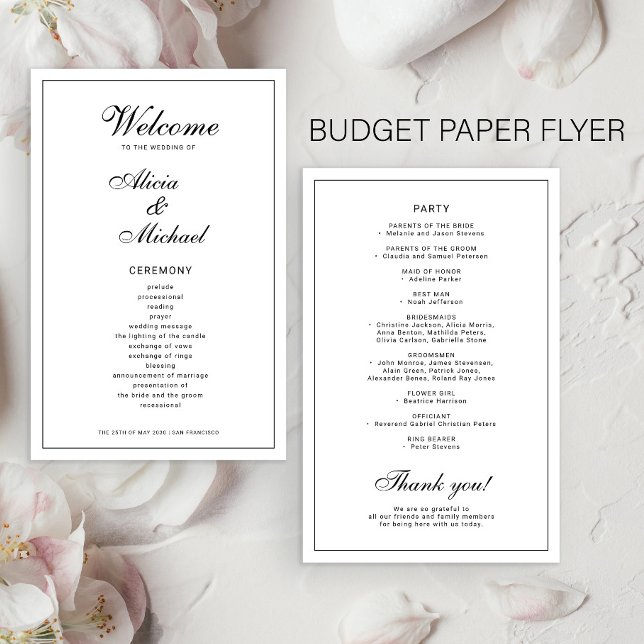 Einfaches elegantes schwarz-weißes Hochzeitsprogra Flyer (Von Creator hochgeladen)