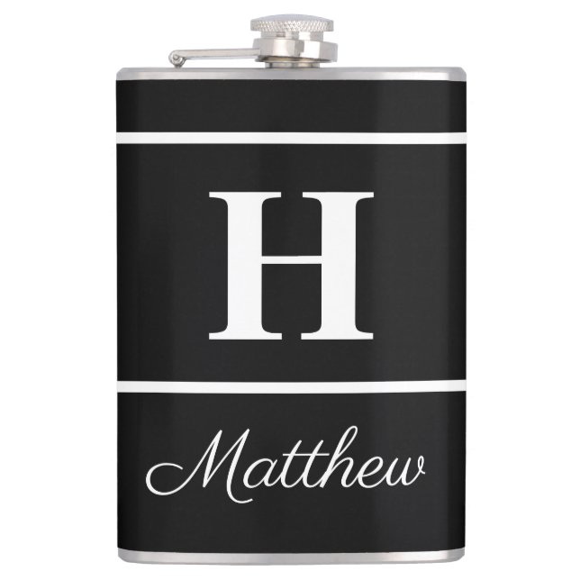 Einfaches elegantes Schwarz-weißes Monogramm Mit M Flachmann (Vorderseite)