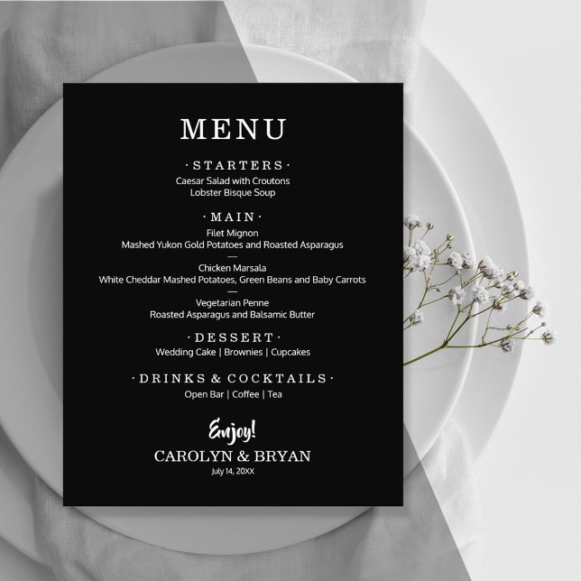 Einfaches Elegantes Schwarzes Hochzeitsdinner-Menü Flyer (Von Creator hochgeladen)