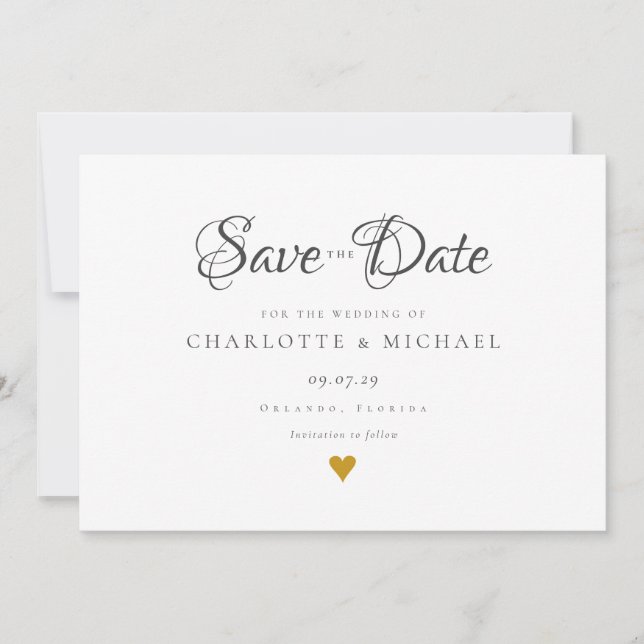 Einfaches elegantes Script Gold Heart Save the Dat Date (Vorderseite)