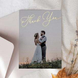 Einfaches, elegantes Script-Hochzeitungs-Foto Dank Folieneinladung