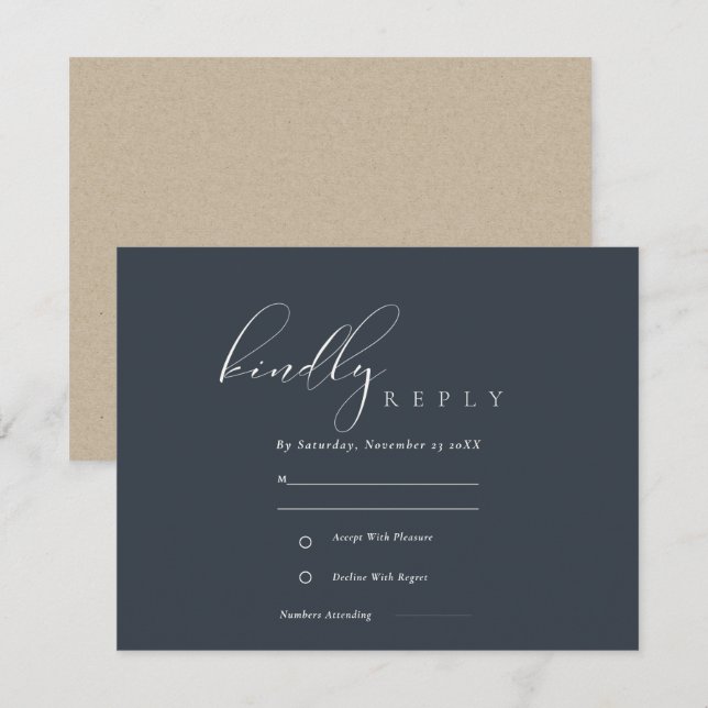 Einfaches elegantes Script Navy Black Wedding RSVP Begleitkarte (Vorne/Hinten)