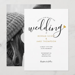 Einfaches Elegantes Skript Gold Herz Foto Hochzeit Einladung