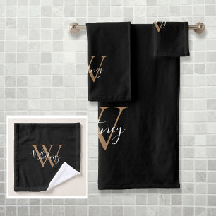 Einfaches elegantes Skript-Monogramm Schwarz und G Badhandtuch Set