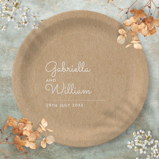 Einfaches Elegantes Skript Rustikale Kraft Hochzei Pappteller (Simple Elegant Script Rustic Kraft Wedding Paper Plates)