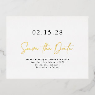 Einfaches elegantes Skript Save the Date Real Gold Folie Einladungspostkarte