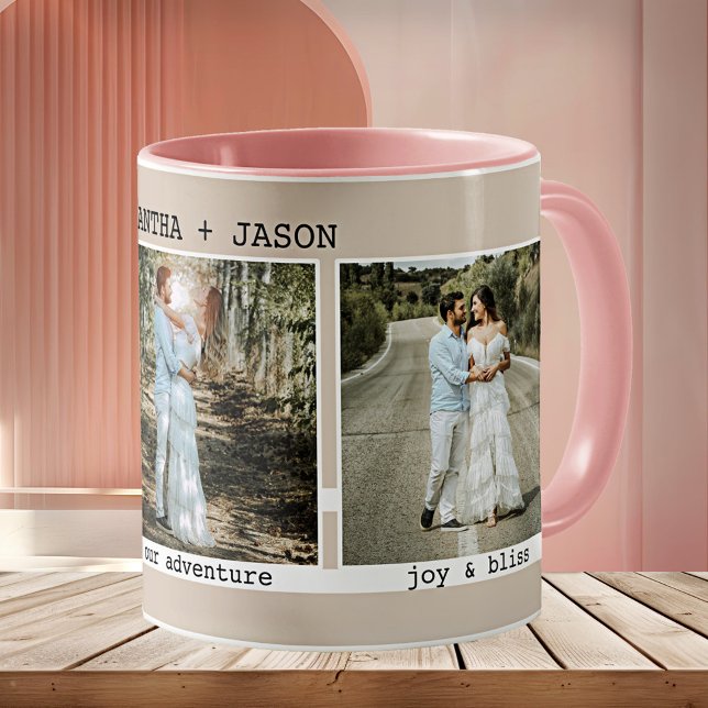 Einfaches elegantes Timeline-Hochzeitsszenario-Fot Kaffeetasse (Bridal mug featuring your photos framed by an elegant minimalist design in white and tan)