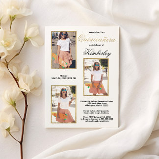 Einfaches elegantes White Gold Foto Quinceañera Einladung