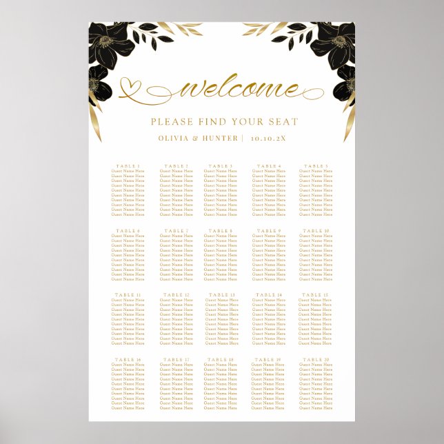 Einfaches elegantes White & Gold Seating Chart Poster (Vorne)
