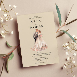 Einfaches Elfenbein-Rosa-Blumenpaar Foto Hochzeit Einladung