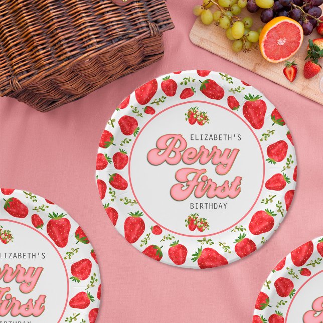 Einfaches Erdbeermuster 1. Geburtstag Berry First Pappteller (Von Creator hochgeladen)