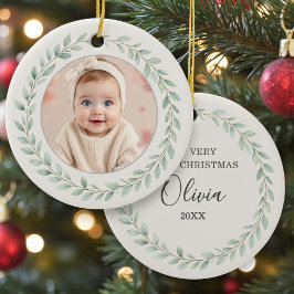 Einfaches Eukalyptus-Baby-Erste-Weihnachten-Foto Keramik Ornament