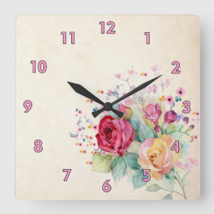 Einfaches florales Umfeld Zeichnend Quadratische Wanduhr