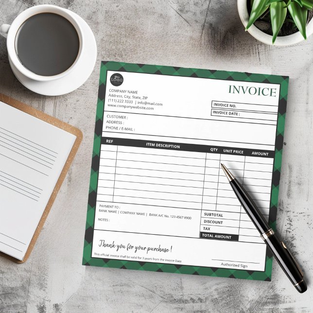 Einfaches Formular zur Karierten Grenzkostenrechnu Notizblock (Minimalist Green Plaid Border Business Invoice Template Notepad)