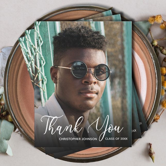 Einfaches Foto Abschluss Vielen Dank Mitteilungskarte (Simple photo graduation thank you flat note cards with your message on the back)