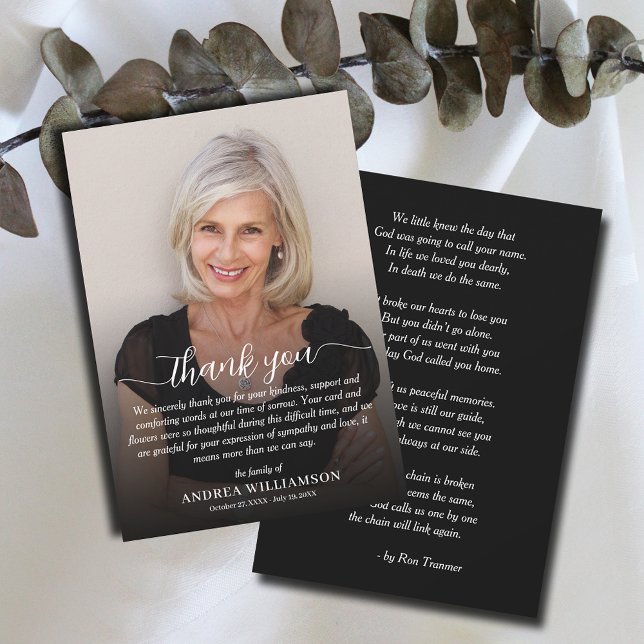 Einfaches Foto-Beileid Dankeskarte (Simple funeral flat thank you notes, photo and thank you on the front and poem/prayer  on the back.)