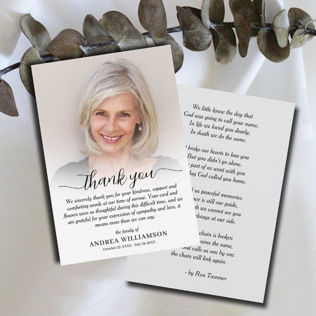 Einfaches Foto-Beileid Dankeskarte (Simple funeral flat thank you notes, photo and thank you on the front and poem/prayer  on the back.)