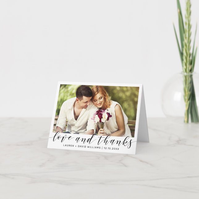 Einfaches Foto Black Script White Wedding Vielen D Dankeskarte (Vorderseite)