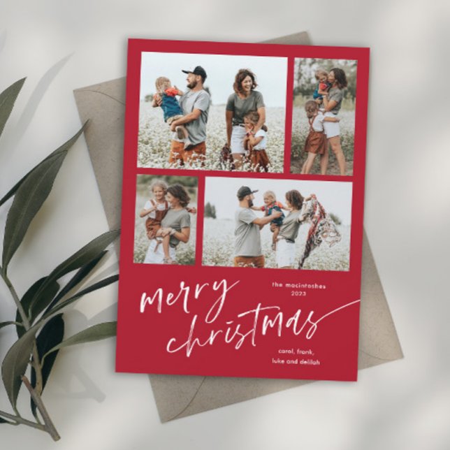 Einfaches Foto Collage Script Frohe Weihnachtsmagn Magnetkarte (Simple red and white modern merry christmas script photo holiday magnetic card.)