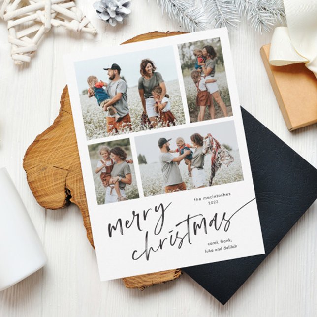 Einfaches Foto Collage Script Frohe Weihnachtsmagn Magnetkarte (Simple black and white script merry christmas 4 photo holiday magnetic card.)