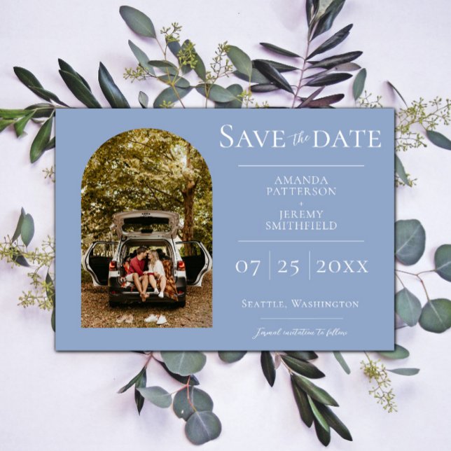 Einfaches Foto | Dusty Blue Save the Date (Dusty Blue Simple Arch Photo Save the Date)