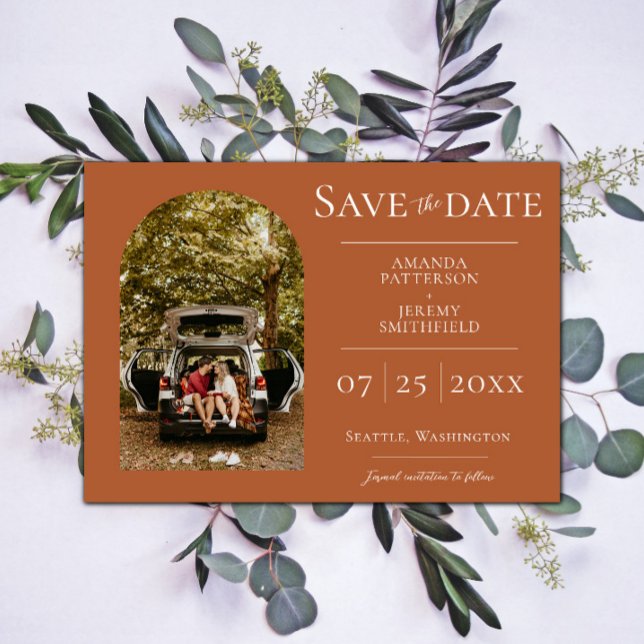 Einfaches Foto | Flammendes Orange Save The Date (Burnt Orange Simple Arch Photo Save the Date)