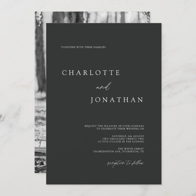 Einfaches Foto-Hochzeit in Schwarz und Weiß Einladung (Vorne/Hinten)