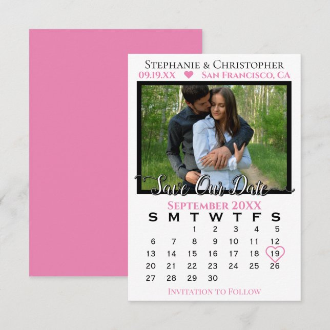 Einfaches Foto Kalender Rosa Hochzeit Retten Unser Karte (Vorne/Hinten)
