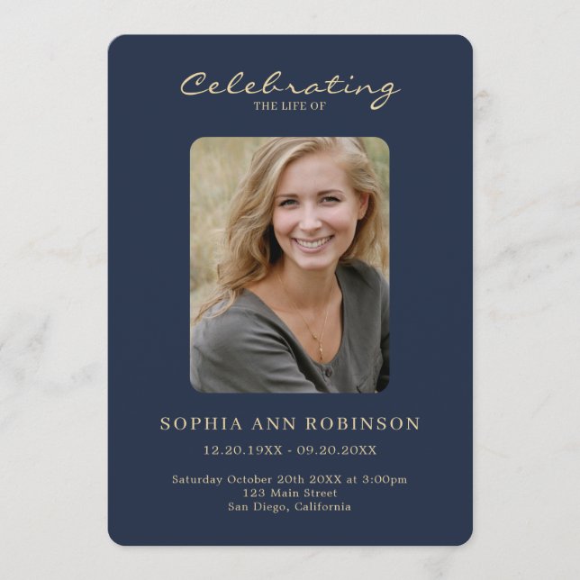 Einfaches Foto Memorial Blue Gold Order of Service Programm (Vorderseite)