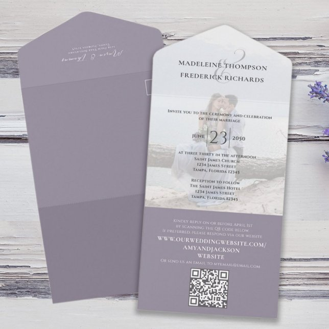 Einfaches Foto Minimalistisch Wisteria QR Code UAW All In One Einladung (Elegant lilac lavender all in one photo wedding invitation with QR Code)