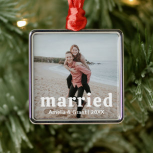 Einfaches Foto Modernes Erstes Weihnachtsfest Verh Ornament Aus Metall